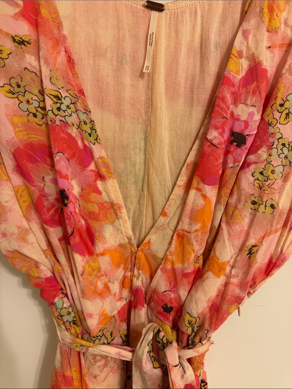 Free People Pink Floral V-Neck Mini Dress with Tie Waist - Picture 2 of 3
